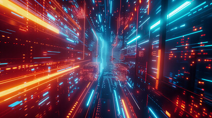 Obraz premium Circuit board-inspired background with dynamic neon lines and pulsating data points, creating a vibrant tech-inspired atmosphere.