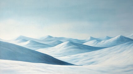 A wintry view of snow-covered hills stretching as far as the eye can see under a pale blue sky