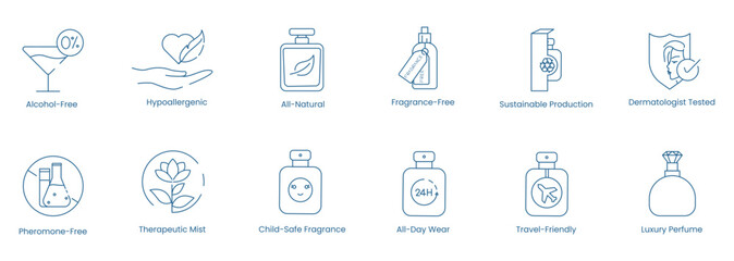 Naklejka premium Vector Icons for Alcohol-Free, Hypoallergenic, All-Natural, Fragrance-Free, Sustainable Production, Dermatologically Tested, Pheromone-Free, Therapeutic Mist, Child-Safe Fragrance, All-Day Wear 