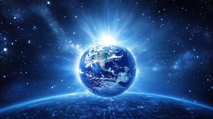 Obraz premium Stunning Earth Rising from the Cosmic Depths Surrounded by Stars and Galaxies, Emitting Radiant Light in a Beautiful Celestial Setting