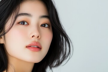 Naklejka premium portrait cute asian woman with clean skin, no makeup, skin care concept, minimalism, light background