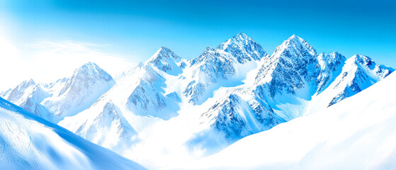 Obraz premium A breathtaking view of snow-capped mountains under a clear blue sky, showcasing the beauty and grandeur of nature in a pristine winter landscape.