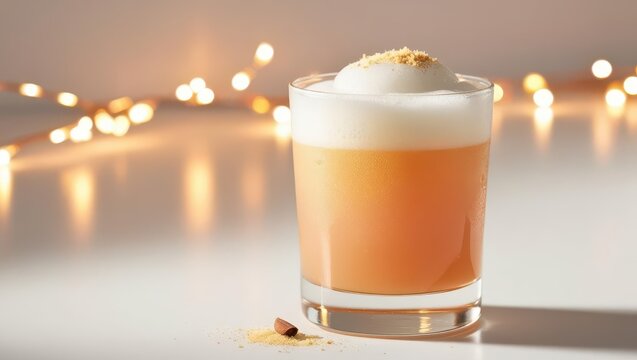 A frothy cocktail in a clear glass garnished with a sprinkle of crushed topping, set against a softly lit background.
