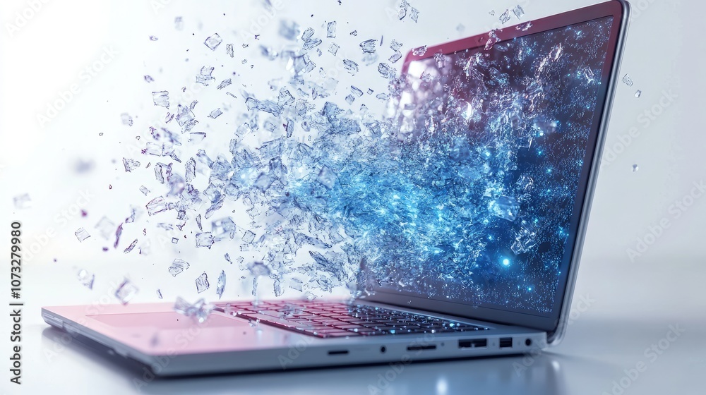 Wall mural a laptop with blue and white data bits exploding from the screen.