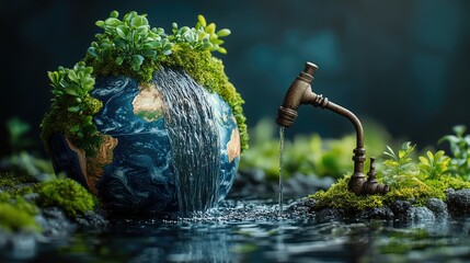 A globe with a faucet pouring water into a small pool, symbolizing the importance of water conservation and the impact of human actions on the environment.