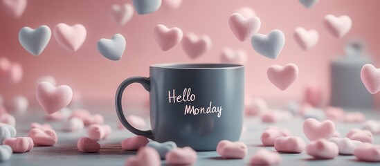 A gray mug with the words "Hello Monday" on it surrounded by pastel pink and blue hearts.