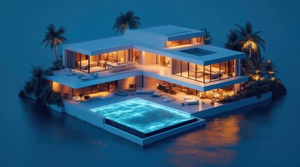 A modern, luxurious villa with a pool and palm trees on a small island at night.