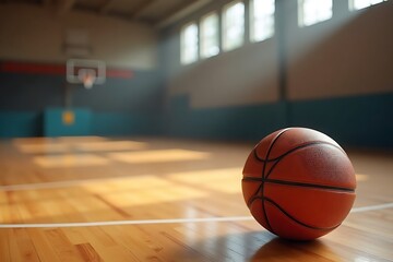Naklejka premium Basketball on Sunlit Hardwood Court in Empty Indoor Gymnasium
