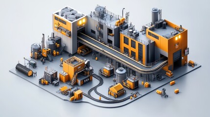 Fototapeta premium Isometric illustration of a factory with conveyor belts and various industrial machinery.