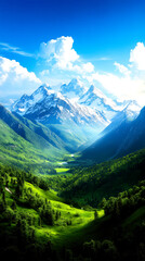 A breathtaking view of majestic mountains surrounded by lush green valleys, under a clear blue sky filled with fluffy clouds, showcasing the beauty of nature.
