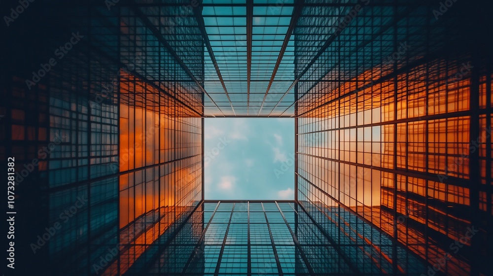Poster A low angle view of a building with glass windows looking up at the sky.