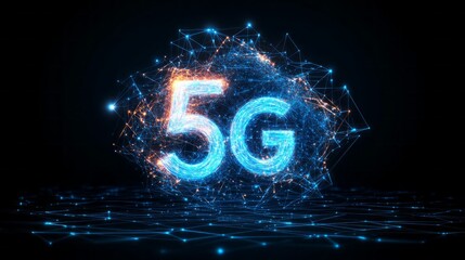 A blue and orange 5G symbol is displayed in a black background