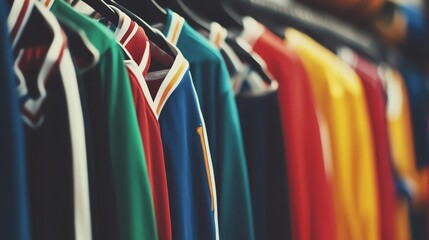 A close up shot of several colorful jerseys hanging on hangers in a retail store.