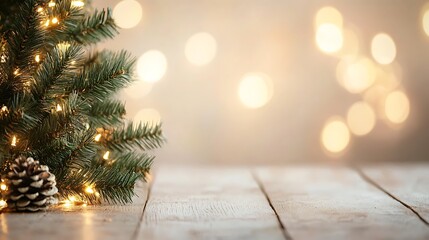 A cozy holiday scene featuring a decorated Christmas tree and warm bokeh lights.