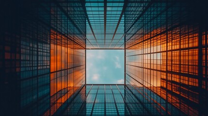 A low angle view of a building with glass windows looking up at the sky.
