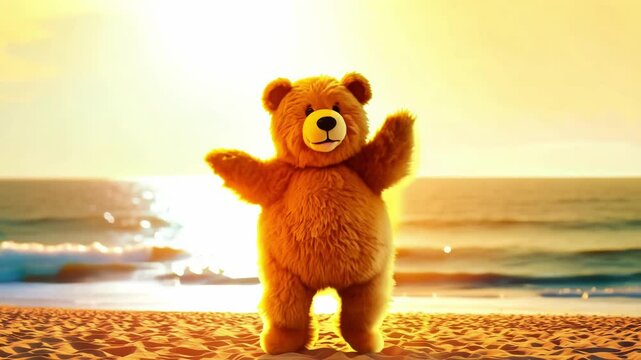 A cute funny teddy bear is dancing on the sea beach in the sunlight enjoying a vacation at sea. Conceptual. Recreation, travel, vacations, vacations, positive emotions,