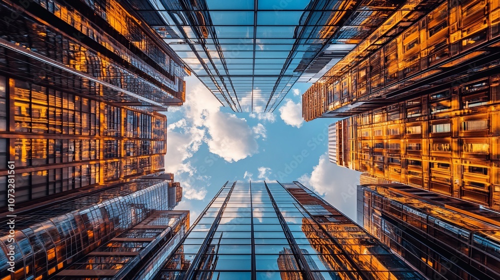Poster a low angle view looking up at towering skyscrapers with a blue sky and white clouds reflecting in t
