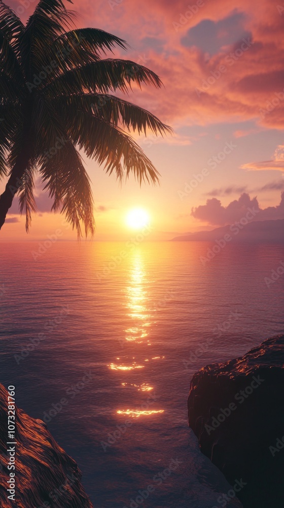 Poster a beautiful sunset over the ocean with a palm tree in the background