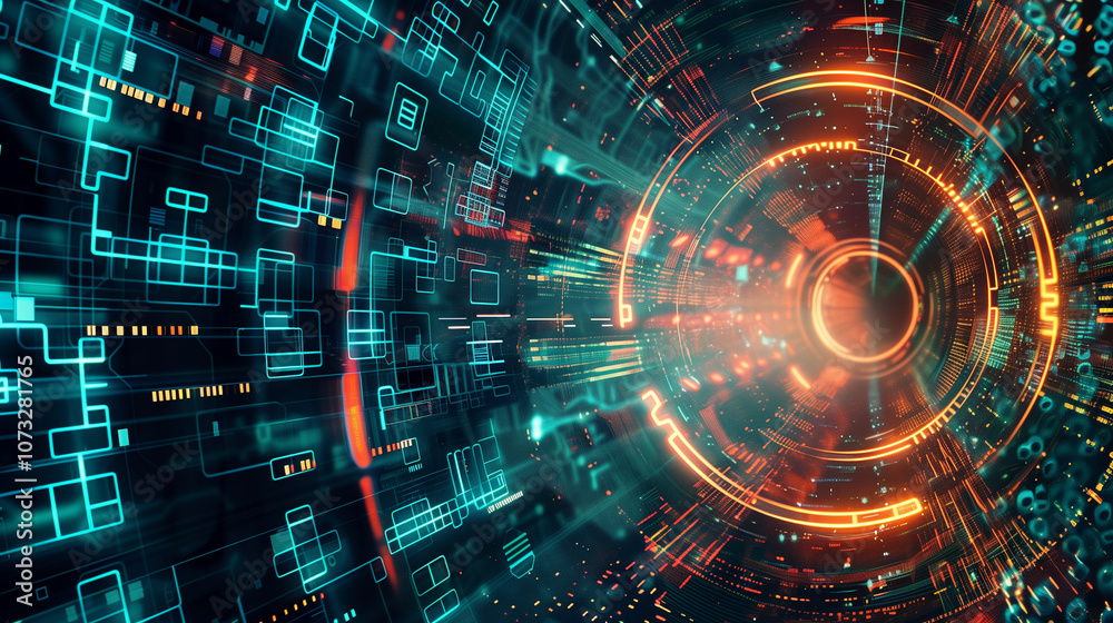 Poster digital matrix with hexagonal patterns, glowing edges, and rotating holographic data points, symboli