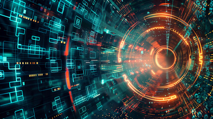 Obraz premium Digital matrix with hexagonal patterns, glowing edges, and rotating holographic data points, symbolizing encrypted cyber data. tech wallpaper 