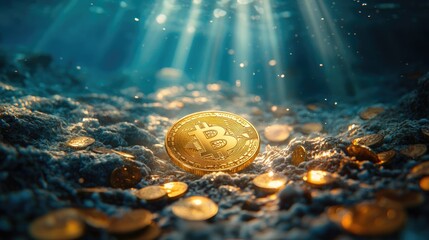 A single Bitcoin coin lies on the seabed, surrounded by other coins, with sunlight shining down from above.