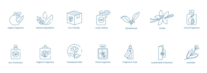 Vector Icons Featuring Vegan, Eco-Friendly, Long-Lasting, Sandalwood, Vanilla, Citrus, and Lavender Fragrances with Sustainable Production and Therapeutic Mist Options