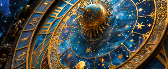 Fototapeta premium Abstract space with Zodiac signs and old golden clock, view of Astrological wheel against stars. Concept of astrology, art, design, horoscope