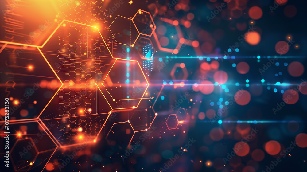 Poster digital matrix with hexagonal patterns, glowing edges, and rotating holographic data points, symboli