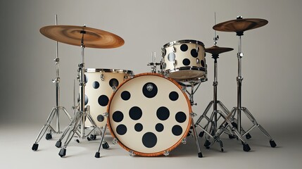 A white drum set with black polka dots.