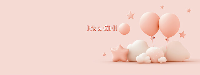 Whimsical baby girl announcement with pastel balloons and stars