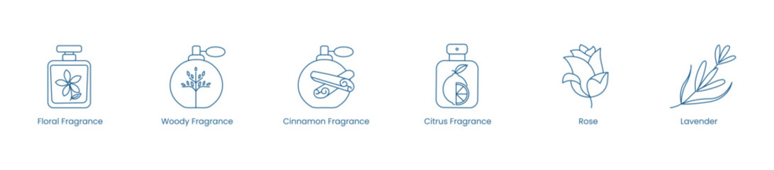 Vector Icons of Floral, Woody, Cinnamon, Citrus, Rose, and Lavender Fragrances for Diverse Scent Profiles