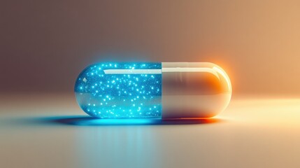 A transparent capsule pill with glowing blue particles inside, on a light brown background.