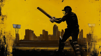 silhouette of cricket batsman in action watercolor background on yellow