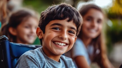 Happy young boy smiling joyfully while sitting outdoors surrounded by friends in a vibrant and sunny environment showcasing friendship and joy in childhood.