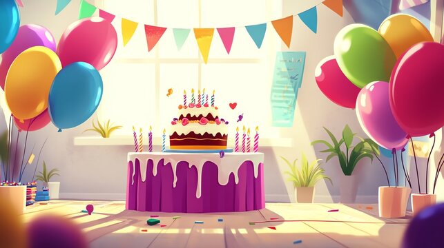 a 2D cartoon illustration of a birthday party with a cake and balloons, fun and colorful, white background--ar 16:9 - Powered by Adobe