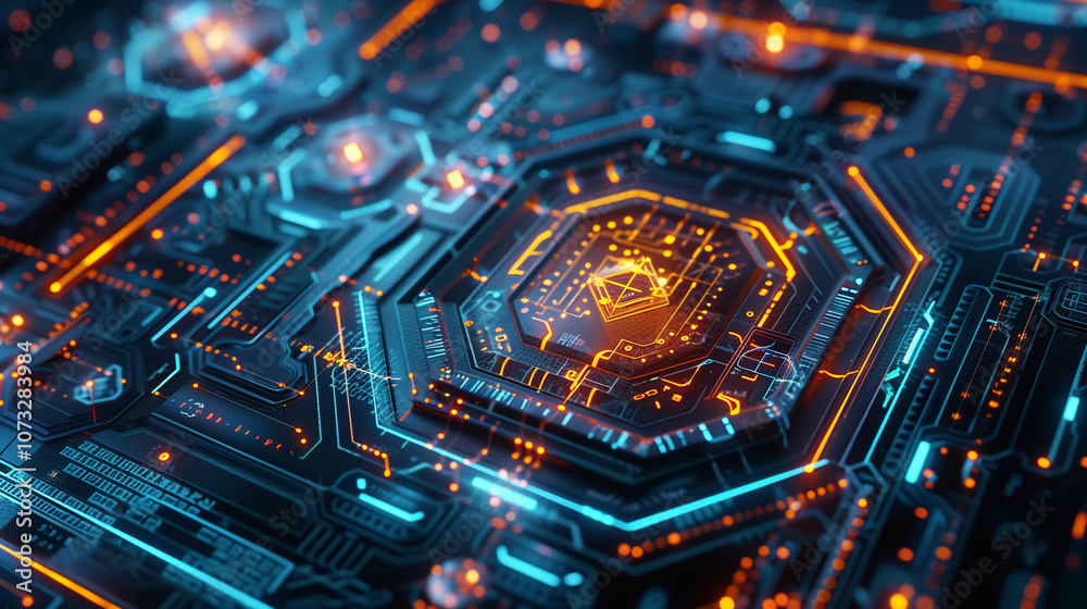 Poster digital matrix with hexagonal patterns, glowing edges, and rotating holographic data points, symboli