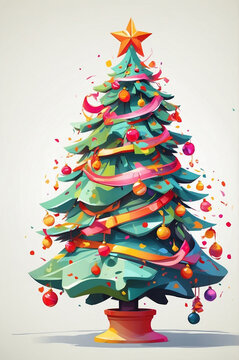 Festive Cartoon-Style Christmas Tree Illustration: Decorated in Line Art on White Background