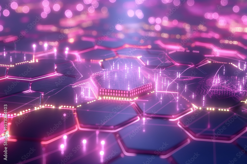 Poster digital matrix with hexagonal patterns, glowing edges, and rotating holographic data points, symboli