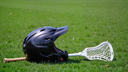 Lacrosse stick and black helmet on grassy field