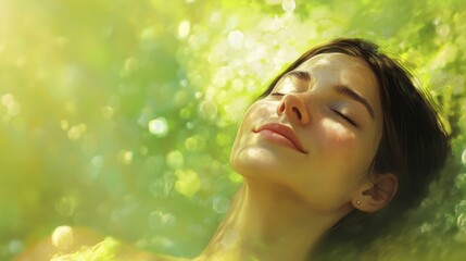 Fototapeta premium Serene Young Woman Enjoying Peaceful Moment in Nature Surrounded by Lush Greenery and Soft Sunlight Creating a Dreamlike Atmosphere of Relaxation and Tranquility