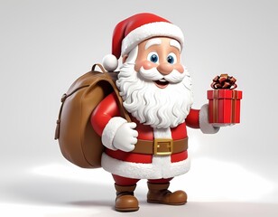 Obraz premium Cheerful Santa Claus with a sack of colorful gifts standing against a light background, New Year