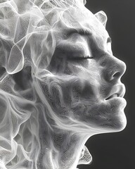 A serene portrait of a woman with flowing abstract lines representing smoke, conveying a sense of calm and mystery. The monochromatic palette enhances the ethereal quality.