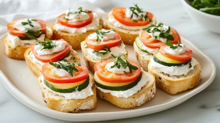 Freshly Prepared Vegetable Stacks on Crisp Bread Slices with Creamy Dressing, Perfect for Appetizers and Entertaining Guests at Gatherings