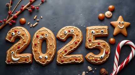 Christmas gingerbread cookies with New Year's caramel candies on a dark gray photo. New Year card with Christmas gingerbread and the number 2025. New Year card.