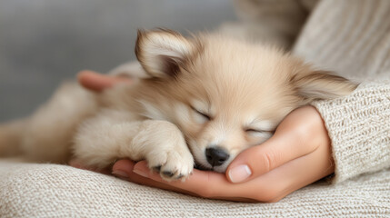 Fluffy Pet Curled in Hands with Cozy Warm Lighting
