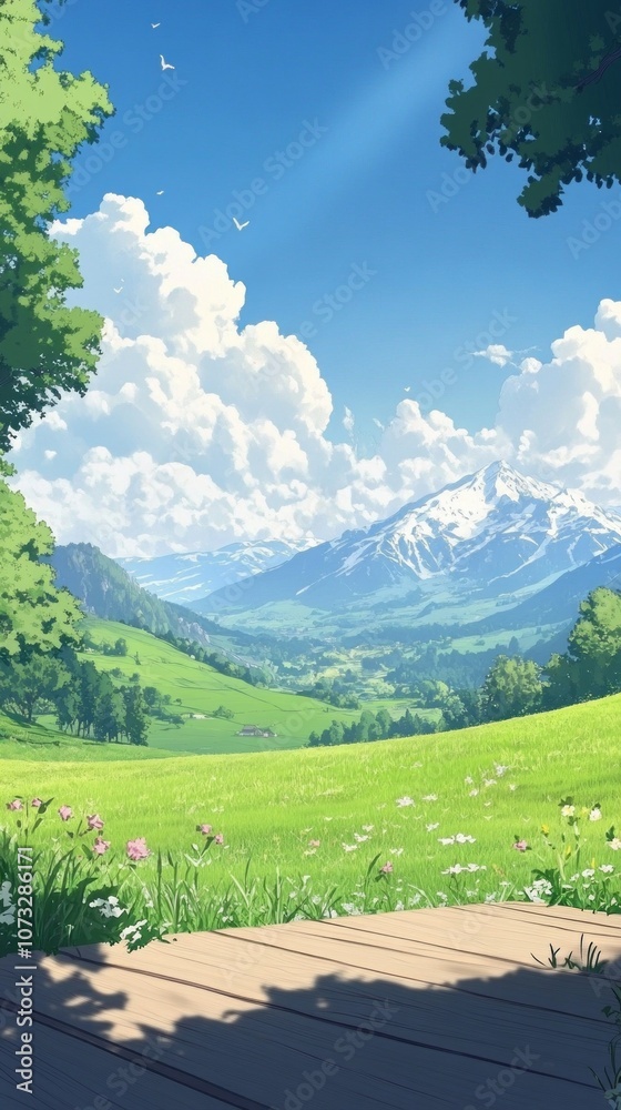 Poster a beautiful landscape with a mountain in the background and a field of grass