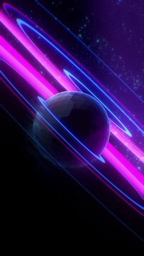 A rotating sweeping landscape reflecting a central black spheroid that is emitting pulsating circular shapes representative of a frequency or audio waves.