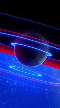 A rotating sweeping landscape reflecting a central black spheroid that is emitting pulsating circular shapes representative of a frequency or audio waves.