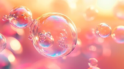 Naklejka premium Abstract background of iridescent soap bubbles floating in a soft pink and orange light.