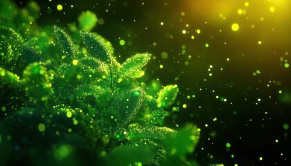 A close-up view of vibrant green leaves glistening with droplets, surrounded by soft light and floating particles, creating a serene, fresh atmosphere.